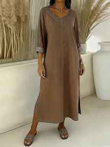 Casual V-neck solid brown faux denim maxi dress with side slits and half sleeves