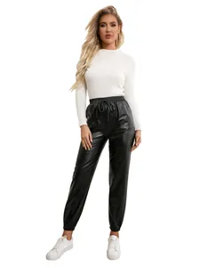 Women's black PU leather jogger pants featuring an elastic drawstring waist and cuffed hem.