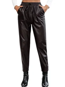 Pantalon de jogging élégant en similicuir noir pour femme avec cordon de serrage