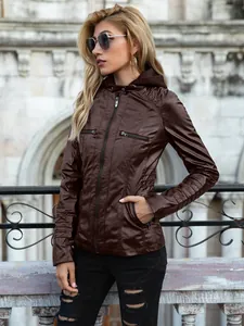 Stylish brown hooded faux leather jacket for women featuring quilted sleeve details