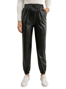 High-waisted black faux leather joggers with elastic drawstring and cuffed ankles.