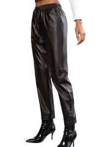 Pantalon en similicuir marron foncé avec cordon de serrage, style motard décontracté