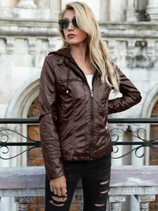 Trendy brown long sleeve faux leather hooded jacket for women with stylish zipper details