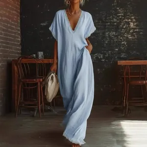 Casual elegant light blue linen cotton maxi dress with lace trim in rustic cafe