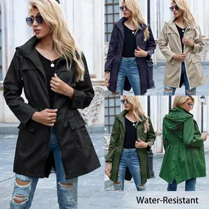 Giacca Impermeabile da Donna con Cappuccio Poliestere Antivento Media Lunghezza Giacca da Trekking Outdoor con Coulisse