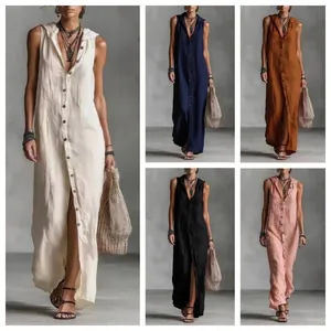 Damen Ärmelloses Maxikleid Mit Kapuze Und Knopfleiste Polyester Einfarbig Locker Lässig Urlaub Strand Sommer Kleid