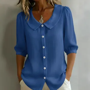 Damen Elegant Polyester Kurzarm Bluse Mit Peter-Pan-Kragen Einreihiges Button-Down-Top Für Sommer Pendeln Lässig Kleidung