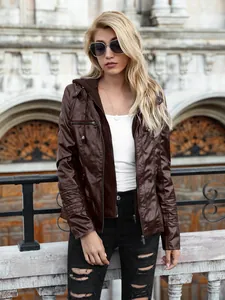 Detailed view of women's brown hooded faux leather jacket with zipper details