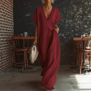 Elegant wine red loose linen cotton long dress with lace trim V-neck detail