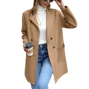 Damen mittellange doppelreihige Strickjacke Blazer in Camel, lässiger Herbststil