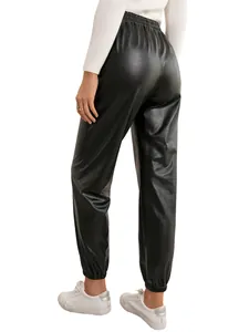 Detailed back view of women's black PU leather joggers featuring elasticated cuffs