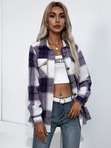 Chaqueta de franela de manga larga a cuadros morados para mujer, ajuste relajado
