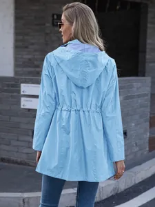 Back view of light blue mid-length hooded raincoat with adjustable waist drawstring
