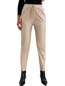 Détails du jogging en cuir PU beige à taille haute élastique avec cordon serrage