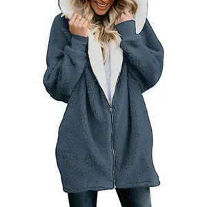Veste à capuche en polaire sherpa bleue pour femme avec doublure blanche et fermeture