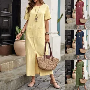 Abito midi a maniche corte tinta unita disponibile in giallo, rosso, blu e verde
