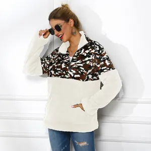 Damen Camouflage und weißes Fleece-Sweatshirt mit Reißverschluss und hohem Kragen