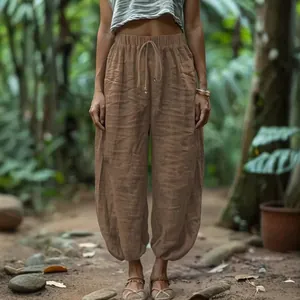 Loose bohemian lantern pants with elastic drawstring waist and linen texture