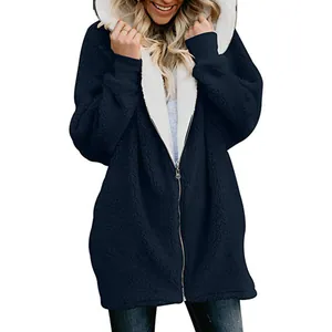Veste polaire à capuche bleu marine pour femme avec doublure sherpa blanche