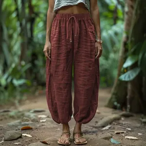 Casual boho rust red lantern pants with elastic drawstring waist for summer