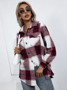 Chaqueta de camisa a cuadros roja y blanca para mujer, casual de otoño e invierno