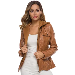 Stylish women's brown faux leather jacket with hood and zipper details in a classic fit