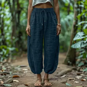 Women's loose navy lantern pants with elastic drawstring waist for summer casual wear.