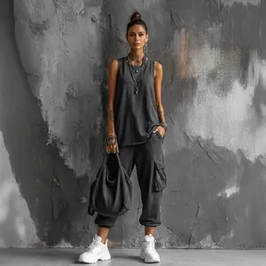 Completo Casual da Donna in Stile Boho Top Senza Maniche a Girocollo e Pantaloni Sportivi a Due Pezzi in Poliestere