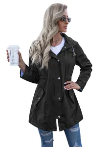 Women's mid-length hooded zipper raincoat jacket featuring a drawstring waist detail