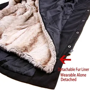 Detail of the detachable faux fur lining with zipper for women's winter coat