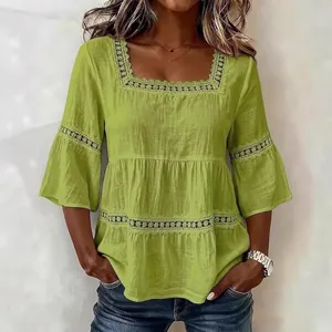 Camicetta casual in cotone lino verde lime con scollo quadrato e finiture in pizzo