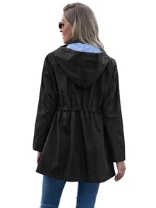 Back view of a women's mid-length black hooded raincoat jacket with adjustable waist