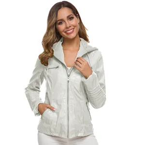 Front view of a stylish white hooded faux leather jacket for women with zipper accents