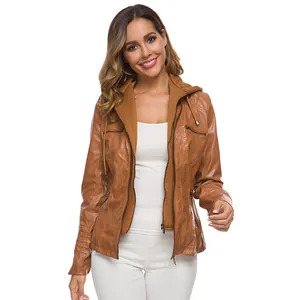 Stylish women's brown hooded faux leather jacket with front zipper and zip pockets