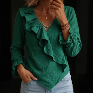 Elegante grüne Baumwoll-Leinen-Bluse mit Rüschen, V-Ausschnitt und Saum