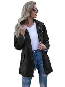 Women's mid-length hooded waterproof raincoat in black with stylish casual outdoor look