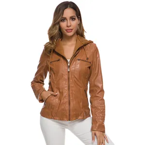Front detail view of a women's slim-fit brown faux leather hooded jacket with zippers.