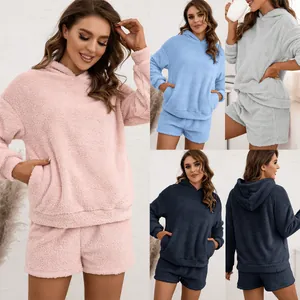 Women's 2-piece fuzzy fleece loungewear set featuring hooded sweatshirt and shorts