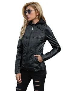 Close-up of women's black hooded faux leather jacket with ribbed sleeve details