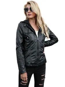 Close-up detail of women's black hooded faux leather jacket with zip pockets