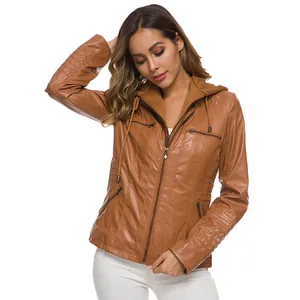 Close-up of stylish brown faux leather hooded jacket for women with zipper details