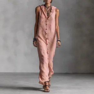 Modisches ärmelloses Maxikleid mit Kapuze und Knopfleiste in hellem Rosa Sommer