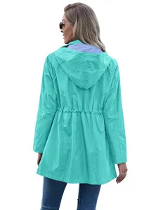 Back view of women's turquoise hooded raincoat with adjustable drawstring waist.