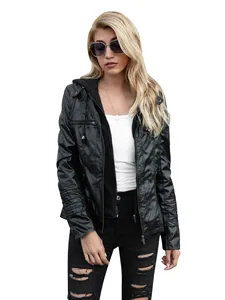 Stylish women's black hooded faux leather motorcycle jacket with zipper details