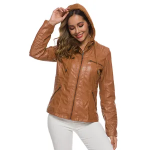 Close-up of a women's brown hooded faux leather jacket with stylish zipper details