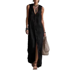 Elegantes schwarzes ärmelloses Maxikleid mit Kapuze und Knopfleiste für Damen