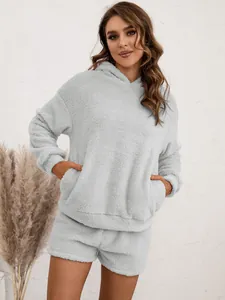 Women's fuzzy sherpa hooded sweatshirt and shorts loungewear set in light grey