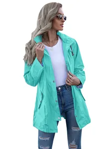 Turquoise women's mid-length hooded raincoat with zipper and stripe lining detail