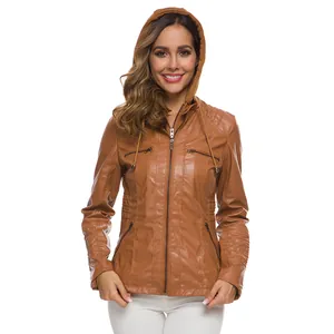 Detail shot of a brown hooded faux leather jacket with multiple zipper pockets.