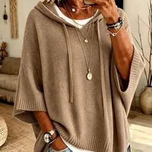 Oversized hooded knit sweater with drawstring, comfortable boho-chic loose fit poncho